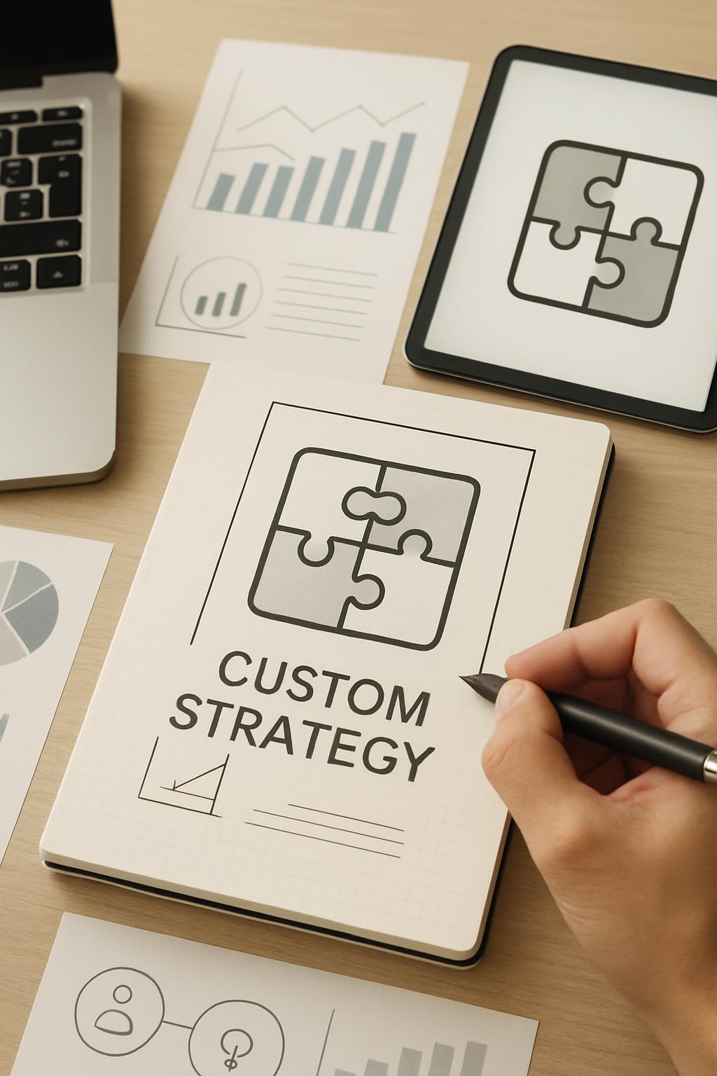 A notebook with the words "CUSTOM STRATEGY" and a puzzle piece logo on its cover lies amidst various papers featuring bar ...